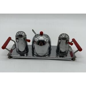Vntg Occupied Japan chrome and bakelite minature condiment set Read 1940’s